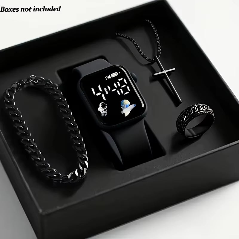 Four Piece Men'S Accessory Gift Box Set - Low Voltage Running Digital Electronic Watch with Vintage Necklace, Bracelet, Ring, Ea